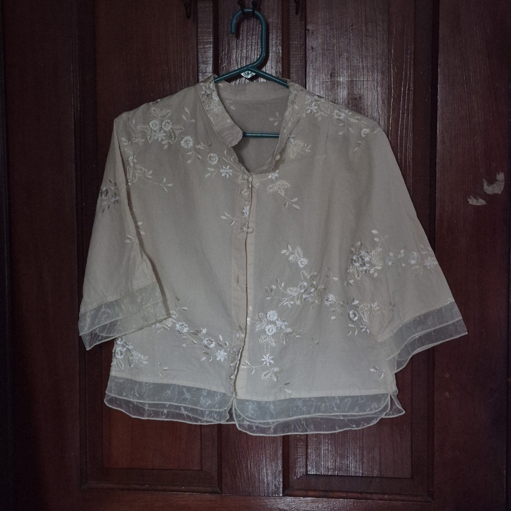 Sheer Floral Embroidered Bed Jacket Cropped Top Small